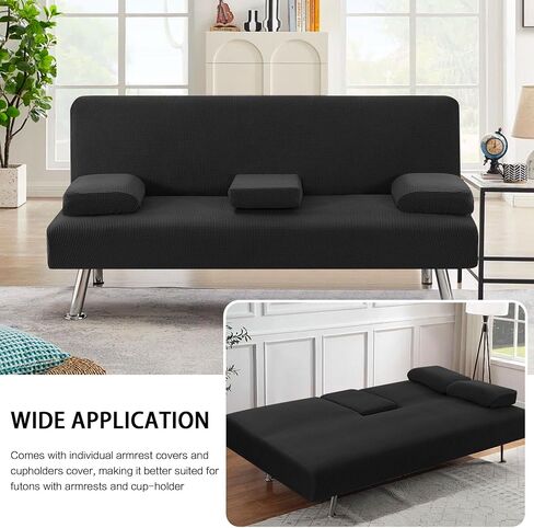 H.VERSAILTEX 4 Pieces Stretch Futon Covers Sofa Bed Slipcover with Removable Armrests and Cupholders Covers Furniture Protector High Spandex Small Checks Jacquard Fabric, Black in Saudi Arabia