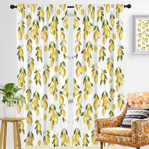 zokyer الليمون نافذة الستار مضحك لطيف الأطفال بنين بنات الصيف الفواكه الأصفر الأبيض نبات النباتات الخضراء الأوراق 42 "ث × 84" ل الستائر مجموعة لغرفة النوم غرفة المعيشة الحمام 2 لوحات قضيب جيب الستائر in Kuwait