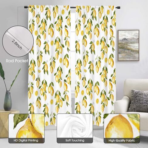 zokyer الليمون نافذة الستار مضحك لطيف الأطفال بنين بنات الصيف الفواكه الأصفر الأبيض نبات النباتات الخضراء الأوراق 42 "ث × 84" ل الستائر مجموعة لغرفة النوم غرفة المعيشة الحمام 2 لوحات قضيب جيب الستائر in Kuwait