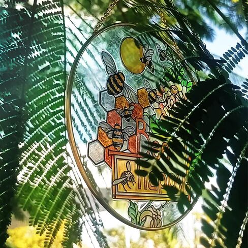 QIAOTLB الزجاج الملون نافذة الشنق النحل Suncatchers الزجاج الملون النوافذ الجدار الشنق رسمت باليد لوحة زجاج الديكور in Kuwait