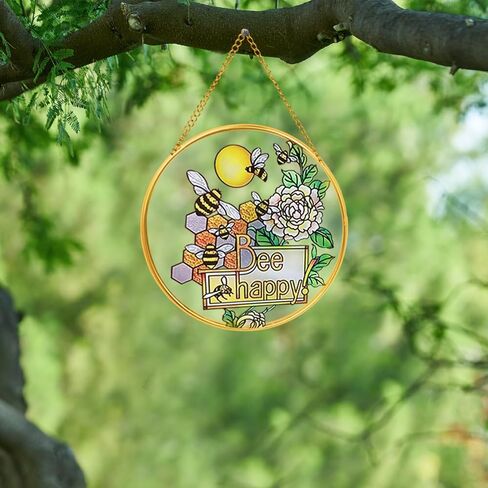 QIAOTLB الزجاج الملون نافذة الشنق النحل Suncatchers الزجاج الملون النوافذ الجدار الشنق رسمت باليد لوحة زجاج الديكور in Kuwait