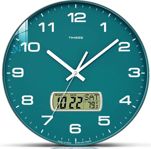 ساعة حائط TIMESS، قرص 12 بوصة غير موقوتة تعمل بالبطارية الصامتة، تناظرية مع شاشة LCD للتقويم الدائم ودرجة الحرارة F°، منزل عصري مثالي، غرفة نوم، مطبخ، ديكور مكتب (أخضر) in Kuwait