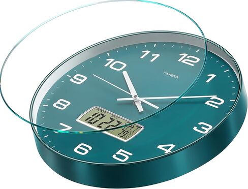 ساعة حائط TIMESS، قرص 12 بوصة غير موقوتة تعمل بالبطارية الصامتة، تناظرية مع شاشة LCD للتقويم الدائم ودرجة الحرارة F°، منزل عصري مثالي، غرفة نوم، مطبخ، ديكور مكتب (أخضر) in Kuwait