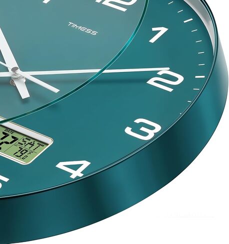 ساعة حائط TIMESS، قرص 12 بوصة غير موقوتة تعمل بالبطارية الصامتة، تناظرية مع شاشة LCD للتقويم الدائم ودرجة الحرارة F°، منزل عصري مثالي، غرفة نوم، مطبخ، ديكور مكتب (أخضر) in Kuwait