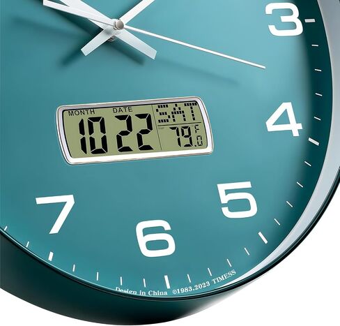 ساعة حائط TIMESS، قرص 12 بوصة غير موقوتة تعمل بالبطارية الصامتة، تناظرية مع شاشة LCD للتقويم الدائم ودرجة الحرارة F°، منزل عصري مثالي، غرفة نوم، مطبخ، ديكور مكتب (أخضر) in Kuwait