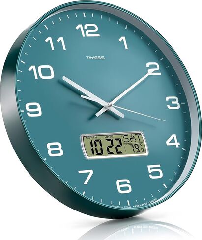 ساعة حائط TIMESS، قرص 12 بوصة غير موقوتة تعمل بالبطارية الصامتة، تناظرية مع شاشة LCD للتقويم الدائم ودرجة الحرارة F°، منزل عصري مثالي، غرفة نوم، مطبخ، ديكور مكتب (أخضر) in Kuwait