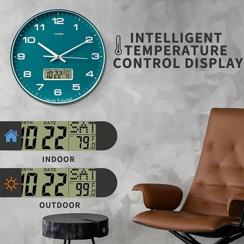 ساعة حائط TIMESS، قرص 12 بوصة غير موقوتة تعمل بالبطارية الصامتة، تناظرية مع شاشة LCD للتقويم الدائم ودرجة الحرارة F°، منزل عصري مثالي، غرفة نوم، مطبخ، ديكور مكتب (أخضر) in Kuwait