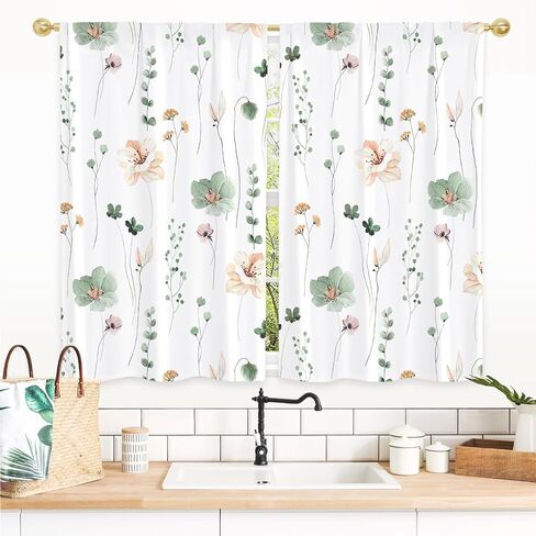 Gibelle Farmhouse Eucalyptus Kitchen Curtains Boho Rustic Floral Botanical Sage Green Leaves Small Short Cafe Curtains for Living Dining Room Bathroom RV Window Drapes Treatment Tier Curtains 26"x39" in Saudi Arabia