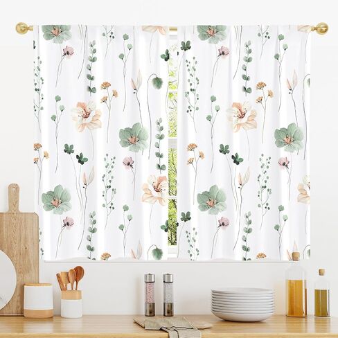 Gibelle Farmhouse Eucalyptus Kitchen Curtains Boho Rustic Floral Botanical Sage Green Leaves Small Short Cafe Curtains for Living Dining Room Bathroom RV Window Drapes Treatment Tier Curtains 26"x39" in Saudi Arabia