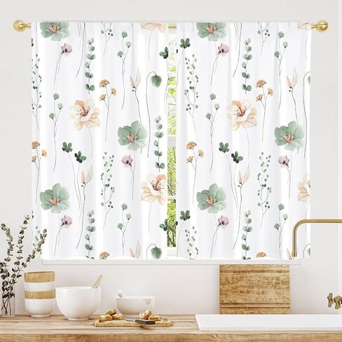 Gibelle Farmhouse Eucalyptus Kitchen Curtains Boho Rustic Floral Botanical Sage Green Leaves Small Short Cafe Curtains for Living Dining Room Bathroom RV Window Drapes Treatment Tier Curtains 26"x39" in Saudi Arabia