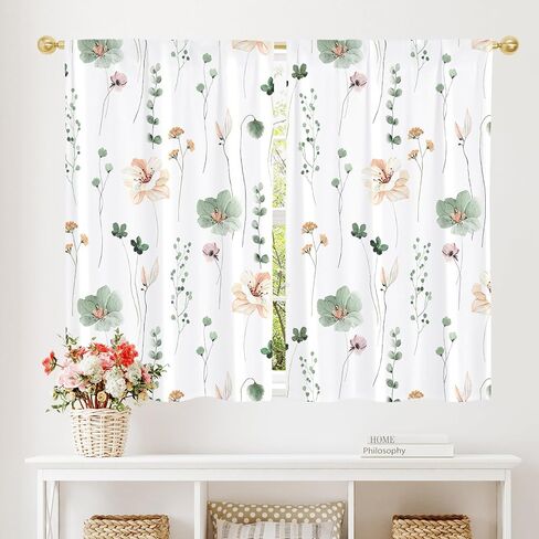 Gibelle Farmhouse Eucalyptus Kitchen Curtains Boho Rustic Floral Botanical Sage Green Leaves Small Short Cafe Curtains for Living Dining Room Bathroom RV Window Drapes Treatment Tier Curtains 26"x39" in Saudi Arabia