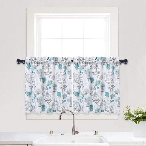 ستائر Haperlare لنوافذ المطبخ، ستائر مقهى مطبوعة بالأزهار، جيب قضيب متعدد الألوان بتصميم زهور ورقية، مجموعة ستائر نصف نافذة للحمام، 27 بوصة × 24 بوصة، أزرق مخضر/رمادي، مجموعة من 2 in Kuwait