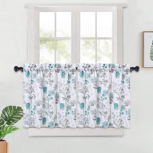 ستائر Haperlare لنوافذ المطبخ، ستائر مقهى مطبوعة بالأزهار، جيب قضيب متعدد الألوان بتصميم زهور ورقية، مجموعة ستائر نصف نافذة للحمام، 27 بوصة × 24 بوصة، أزرق مخضر/رمادي، مجموعة من 2 in Kuwait