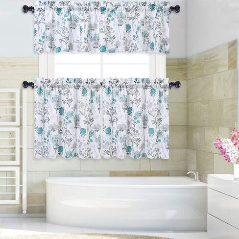 ستائر Haperlare لنوافذ المطبخ، ستائر مقهى مطبوعة بالأزهار، جيب قضيب متعدد الألوان بتصميم زهور ورقية، مجموعة ستائر نصف نافذة للحمام، 27 بوصة × 24 بوصة، أزرق مخضر/رمادي، مجموعة من 2 in Kuwait
