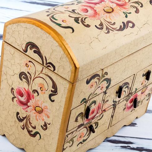 خزانة صغيرة ذات أدراج مصنوعة يدويًا من NOVICA باللونين الأبيض والوردي، صندوق مجوهرات خشبي مزين بالزهور، باقة ورد in Saudi Arabia