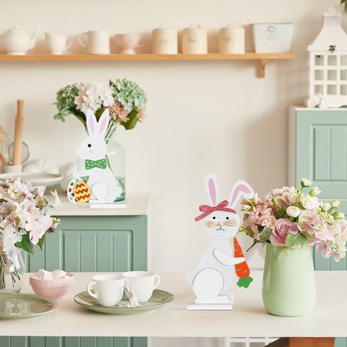 زينة عيد الفصح، DECSPAS 2PCS الخشب الأبيض عيد الفصح الأرنب كتلة مجموعة ديكور عيد الفصح، بيض عيد الفصح عناصر الجزر زينة عيد الفصح في الأماكن المغلقة، زينة عيد الفصح للمنزل، رف، طاولة، رف in Kuwait