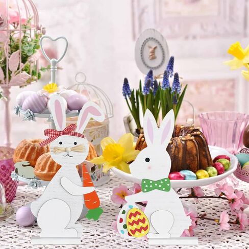 زينة عيد الفصح، DECSPAS 2PCS الخشب الأبيض عيد الفصح الأرنب كتلة مجموعة ديكور عيد الفصح، بيض عيد الفصح عناصر الجزر زينة عيد الفصح في الأماكن المغلقة، زينة عيد الفصح للمنزل، رف، طاولة، رف in Kuwait