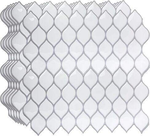 20 Sheets Glossy Peel and Stick Kitchen Backsplash Tile Stickers Self Adhesive Stick on Subway Tile 12" x 6" Bathroom Splashback Water Heat Resistant 3D Wall Tiles Leaf White Stone in Saudi Arabia