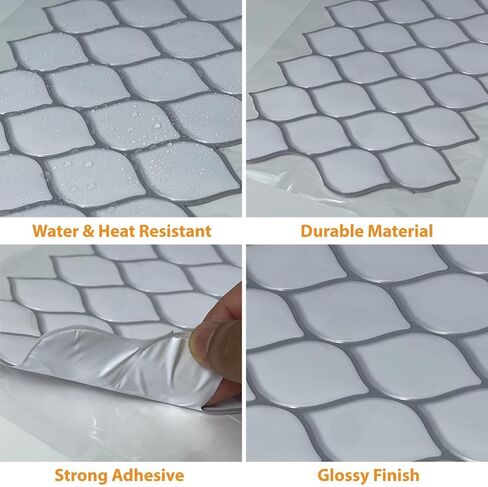 20 Sheets Glossy Peel and Stick Kitchen Backsplash Tile Stickers Self Adhesive Stick on Subway Tile 12" x 6" Bathroom Splashback Water Heat Resistant 3D Wall Tiles Leaf White Stone in Saudi Arabia