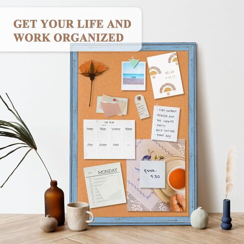 لوحة إعلانات لوحة الفلين - 4 أفكار مقاس 24 × 18 بوصة لوحة مذكرة الفلين مع إطار خشبي أبيض طراز عتيق للعرض وتنظيم المنزل والمكتب والمطبخ، 10 دبابيس دفع in Kuwait