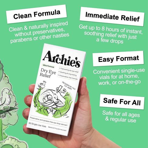 Archie's Remedies, تخفيف جفاف العين، قطرات العين فائقة التشحيم، تركيبة نظيفة وقوارير خالية من المواد الحافظة، استخدام واحد، للتهيج واحمرار العيون، دموع طبيعية، 60 قطعة in Saudi Arabia
