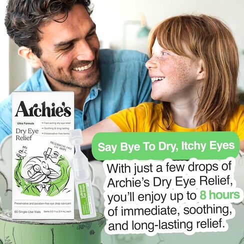 Archie's Remedies, تخفيف جفاف العين، قطرات العين فائقة التشحيم، تركيبة نظيفة وقوارير خالية من المواد الحافظة، استخدام واحد، للتهيج واحمرار العيون، دموع طبيعية، 60 قطعة in Saudi Arabia
