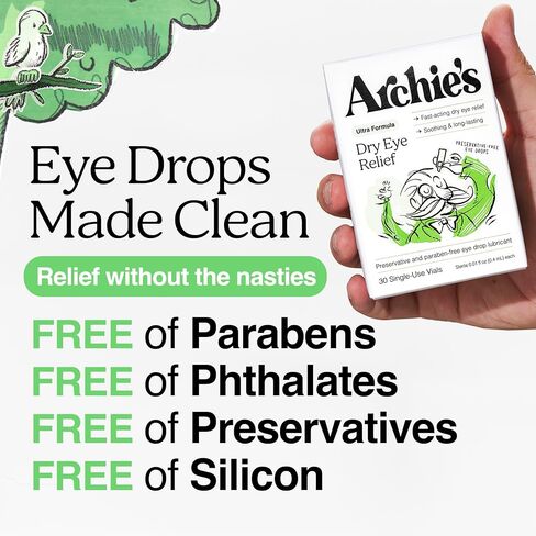 Archie's Remedies, تخفيف جفاف العين، قطرات العين فائقة التشحيم، تركيبة نظيفة وقوارير خالية من المواد الحافظة، استخدام واحد، للتهيج واحمرار العيون، دموع طبيعية، 60 قطعة in Saudi Arabia