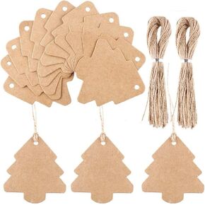 DECORA 100 Pieces Brown Kraft Paper Christmas Tree Gift Tags with Jute Twines for Gift Wrapping and Decoration