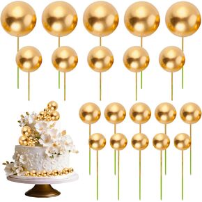 20 Pcs Ball Cake Topper, Gold Balls for Cake Decorating Cake Toppers Happy Birthday DIY Cake Insert Topper Ball Cake Picks for Wedding Anniversary Birthday Cake Decorations (4 Sizes)