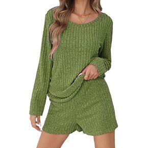 Women's Lounge Sweater Pajamas Sets 2 Piece Long Sleeve Tops with Shorts Ribbed Knit Sleepwear Outfits Matching Set.