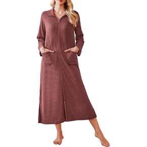 Ekouaer Waffle Robes for Women Long Zipper Bathrobes Lightweight House Coat Soft Sleepwear with Pockets Loungewear S-XXL