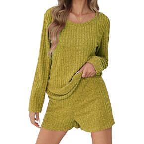 Women's Lounge Sweater Pajamas Sets 2 Piece Long Sleeve Tops with Shorts Ribbed Knit Sleepwear Outfits Matching Set.