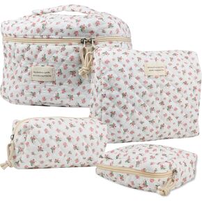 NATINSA Cute Makeup Bag for Women(2 Pcs), Travel Cosmetic Bags, Quilted Coquette Aesthetic Floral Toiletry Organizer Bag (NavyBlue Flower)