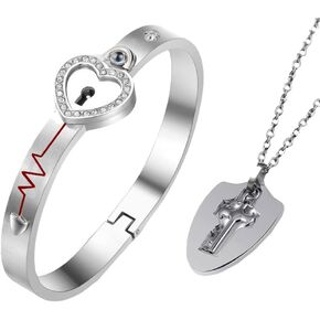 Amosfun Lock Bracelet and Key Necklace Stainless Steel Matching Puzzle Couple Jewelry for Men and Women Birthday, Christmas, Wedding, Anniversary