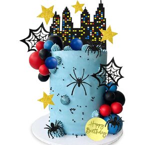 DRWATE Spider Cake Topper with Black Red and Blue Balls Spiders Webs Stars City for Boys Men Birthday Party Baby Shower Supplies (City)