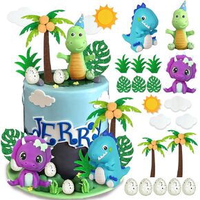 Dinosaur Cake Toppers Clay Dinosaurs Palm Leaves Dinosaur Eggs for Boy Girl Kid Birthday Baby Shower Dinosaur Theme Jungle Party Supplies (Multicolor)