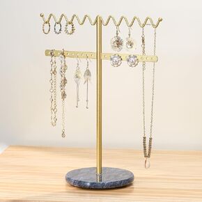Jewelry Stand Necklace Holder, Gold Metal Jewelry Organizer with Wavy Necklace and Earring Holder, Marble Base for Stability, Home Decor for Bedroom or Vanity, Black and Gold