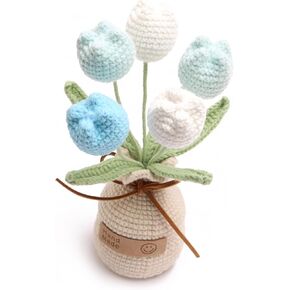 Yellow Crocheted Tulips, Artificial Plant Crocheted Hand-Woven Flowers Suitable for Home Room, Table, Office Ornaments and Birthday Gifts Anniversaryteacher's Day Thanksgiving Day (6 Flowers)