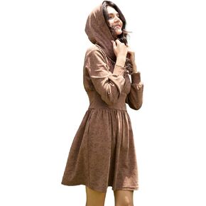 Women's Hoodie Dress Brown Casual Hooded Sweatshirt Smocked Waist Fall Winter Trendy Mini Dress with Pockets