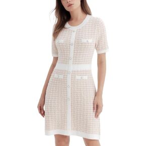 Women's Short Sleeve Tweed Knitted Sweater Dress Pearl Button Mini Dresses for Spring Summer Fall