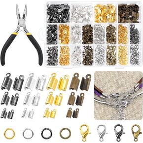 1521Pcs Fold Over Cord End Jewelry Findings Ending Clasp Tips Jewelry Connector with Open Jump Rings Lobster Claw Clasps Pliers Tool Assortment Kit for DIY Jewelry Making