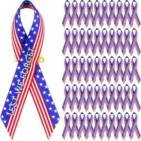 100 Pcs American Flag Satin Awareness Ribbon with Safety Pins Veterans Memorial Day Red White Blue Stripe with Star Lest WE Forget Brooches Bulk for Independence Patriotic Flag Day Supplies