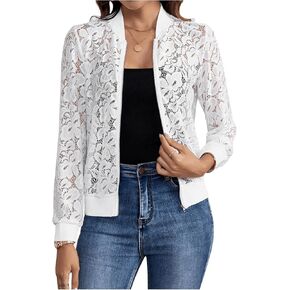 Milumia Women's Lace Sheer Long Sleeve Bomber Jacket Zip Up Baseball Coat