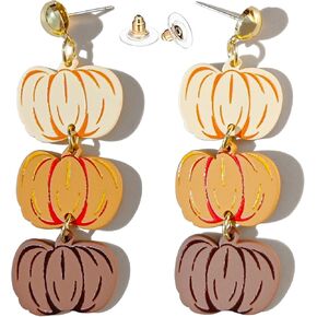 Eioi & Lmnm Women's Acrylic Triple Layer Pumpkin Earrings for Halloween Thanksgiving Fall Festive, Delicate Pumpkin Long Dangle Earrings Lightweight Hypoallergenic Pumpkin Stud Earrings, Fall Autumn Earrings for Holiday Festival Party