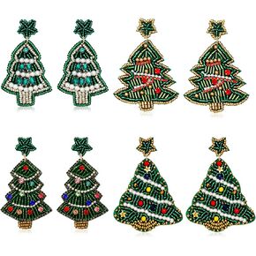 4Pairs Christmas Earrings for Women Holiday Earrings Handmade Christmas Tree Earrings Beaded Snowflake Reindeer Wreath Dangle Earrings Holiday Party Gifts