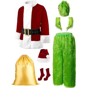 Halloween Costumes Adult, 8pcs Furry Santa Claus Costume for Men Christmas Funny Cosplay Santa Costume with Mask