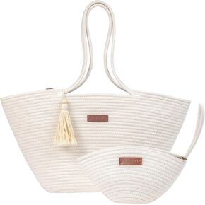 Large Woven Tote & Small Handbag Set for Women, Cotton Rope Shoulder Bag for Beach Pool Travel Weekends, Purse for Essentials