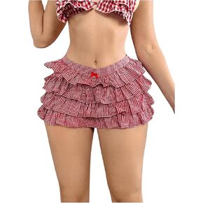 MakeMeChic Women's Plaid Elastic Waist Ruffle Tiered Bow Front Gingham Summer Mini Shorts
