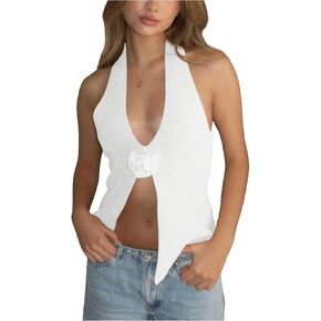 GORGLITTER Women's 3D Floral Sweater Tank Open Back Sleeveless Halter Crop Tops