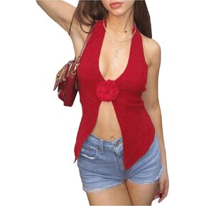 GORGLITTER Women's 3D Floral Sweater Tank Open Back Sleeveless Halter Crop Tops